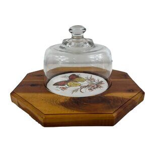 Vintage Wooden Cheese Tray With Glass Dome Butterfly Trivet